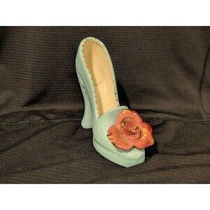1952 Ceramic Light Blue w Red Rose & Gold High Heel Shoe by Kozaks Yankton SD